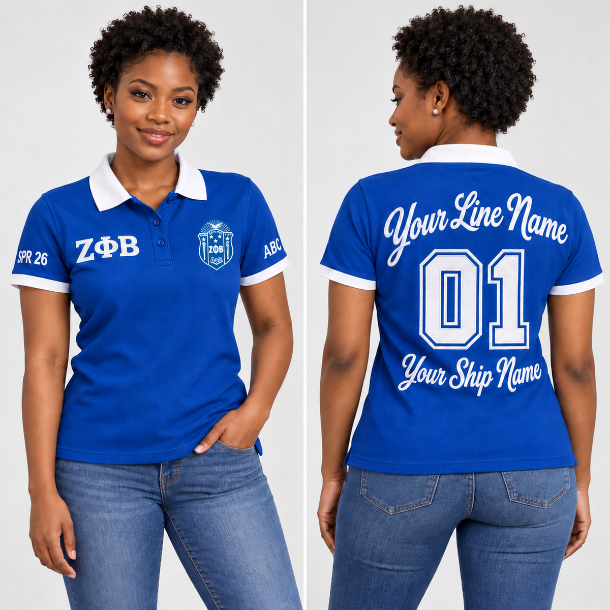 Zeta Phi Beta royal blue and white chapter polo, original shield and ΖΦΒ letters, sample line name, number 01, ship name, crossing year and chapter initials on an adult model.