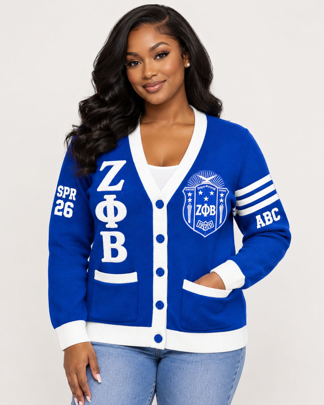 Zeta Phi Beta custom cardigan in royal blue and white shown on model