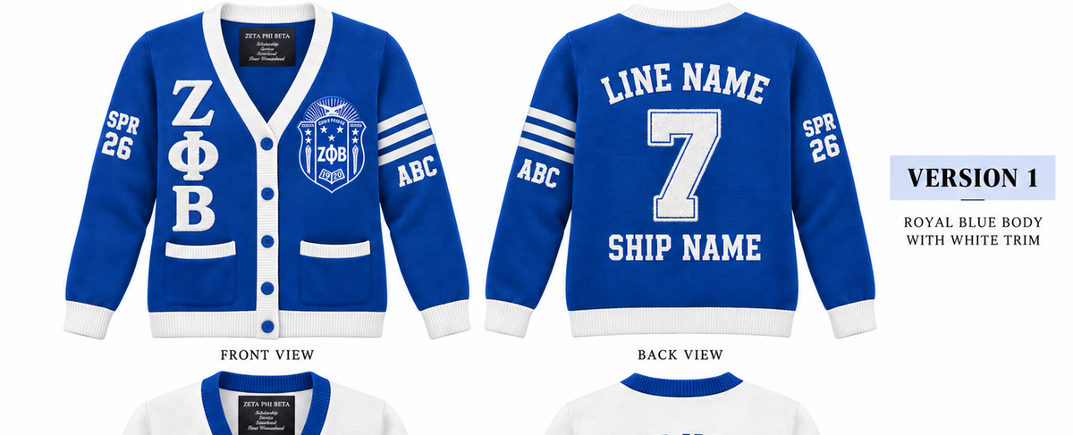 Zeta Phi Beta custom embroidered cardigan royal blue body white trim sample front and back