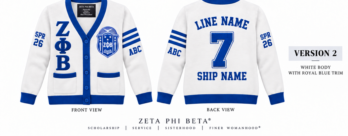 Zeta Phi Beta custom embroidered cardigan white body royal blue trim sample front and back
