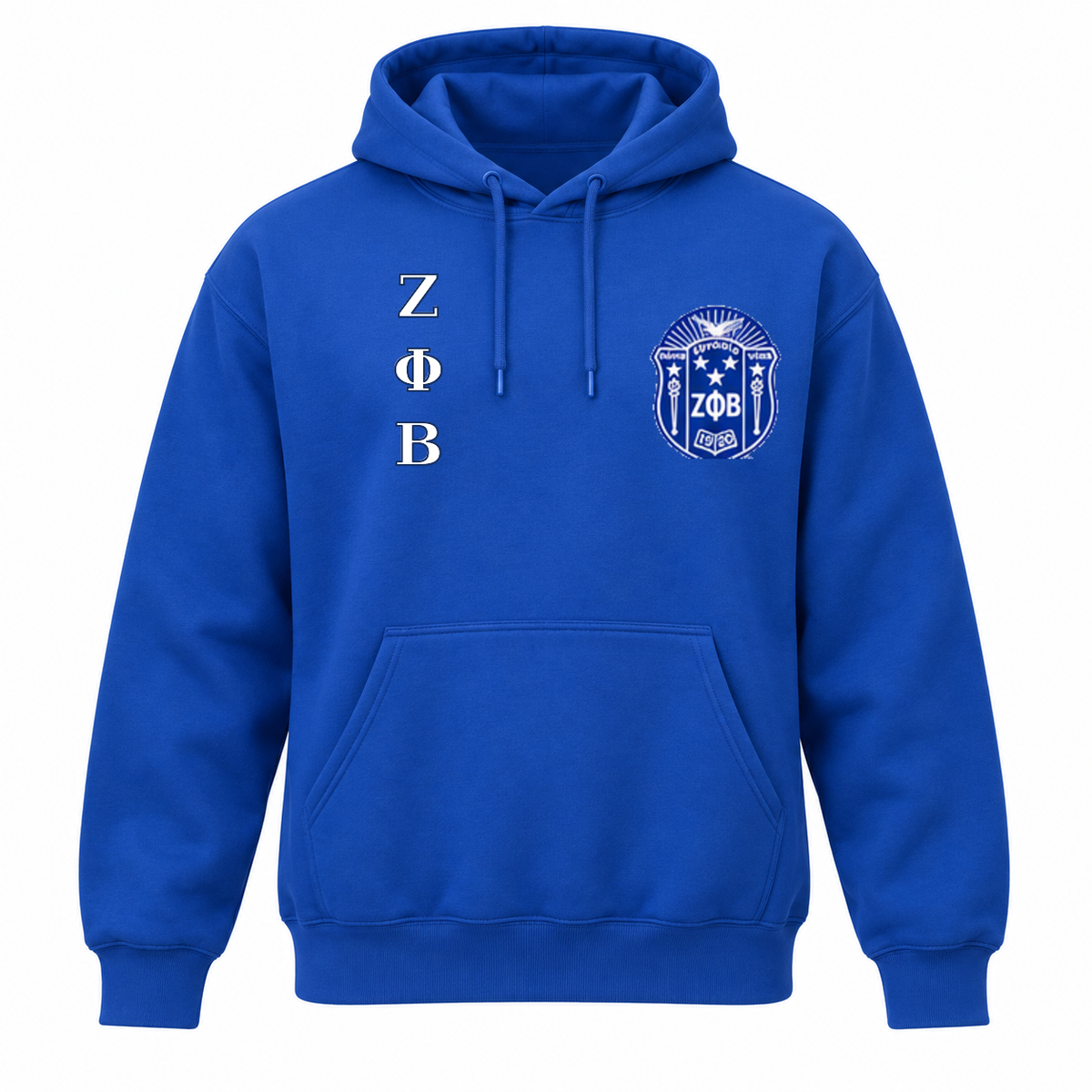 Zeta Phi Beta classic pullover hoodie in royal blue with exact crest and stacked Greek letters