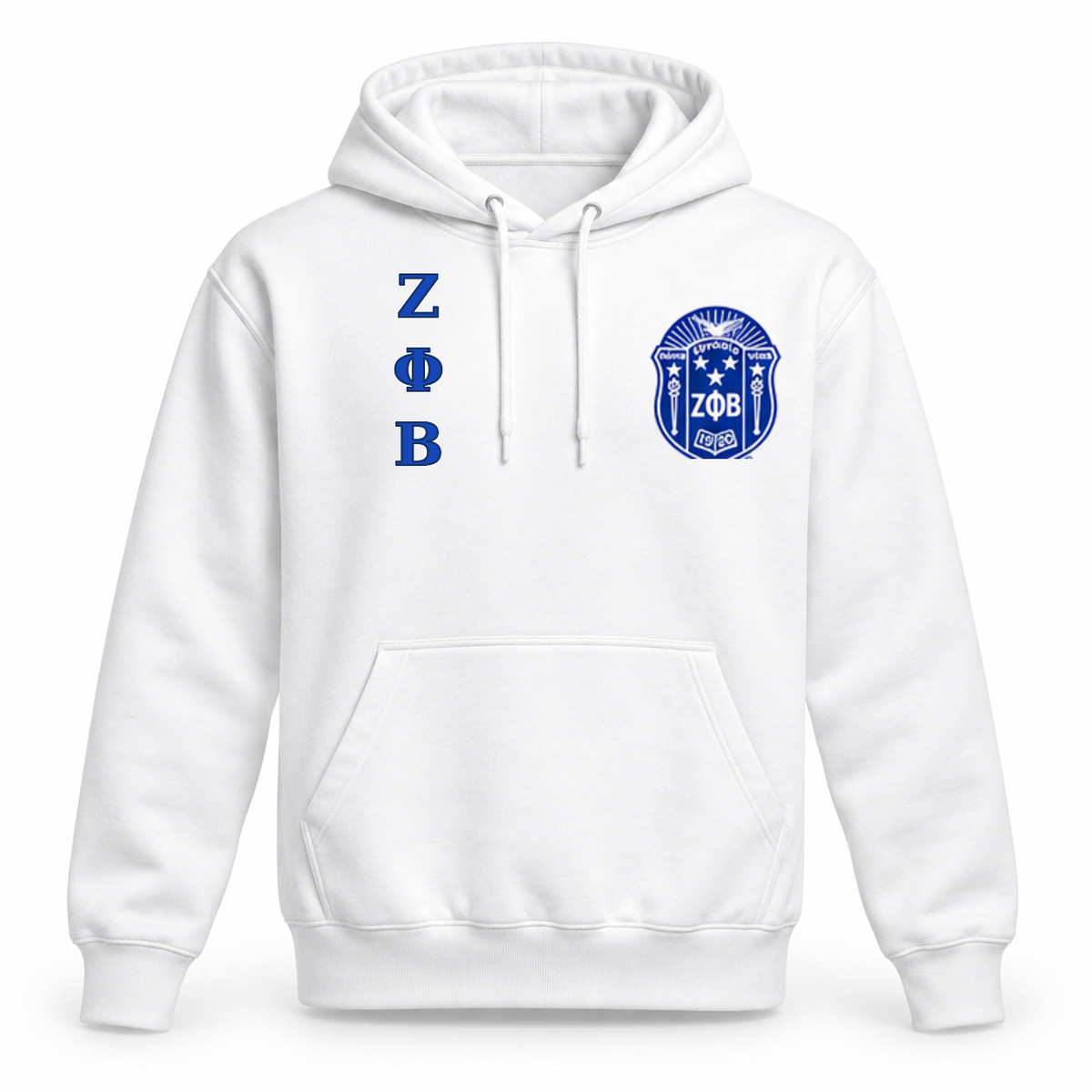 Zeta Phi Beta classic pullover hoodie in white with exact crest and stacked Greek letters