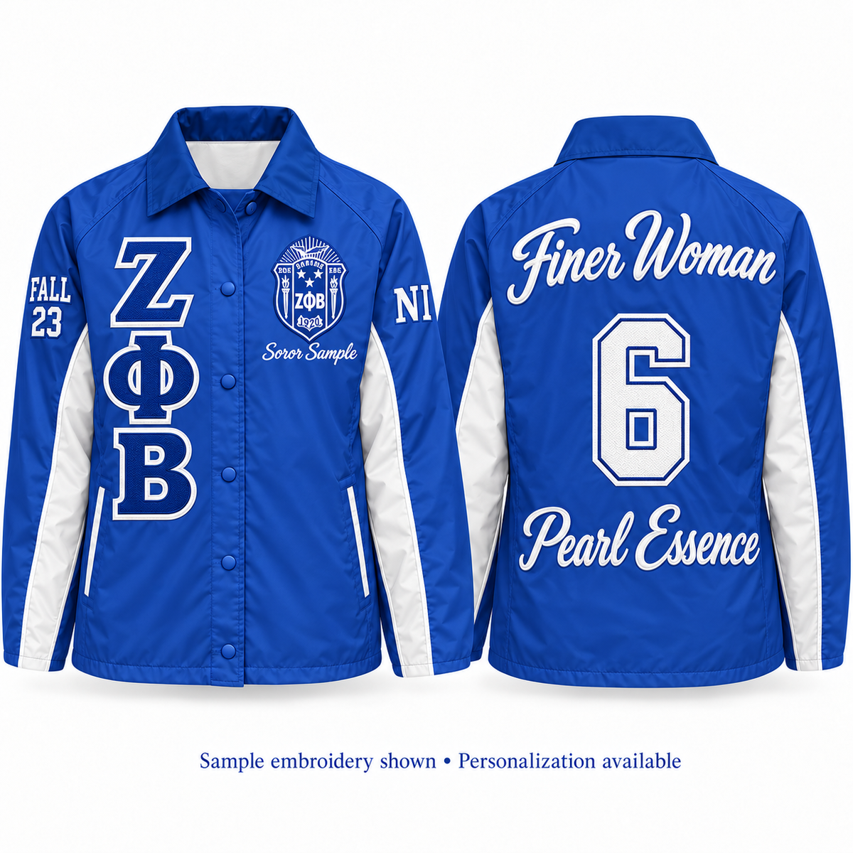 Zeta Phi Beta custom embroidered royal blue and white line jacket front and back personalization example