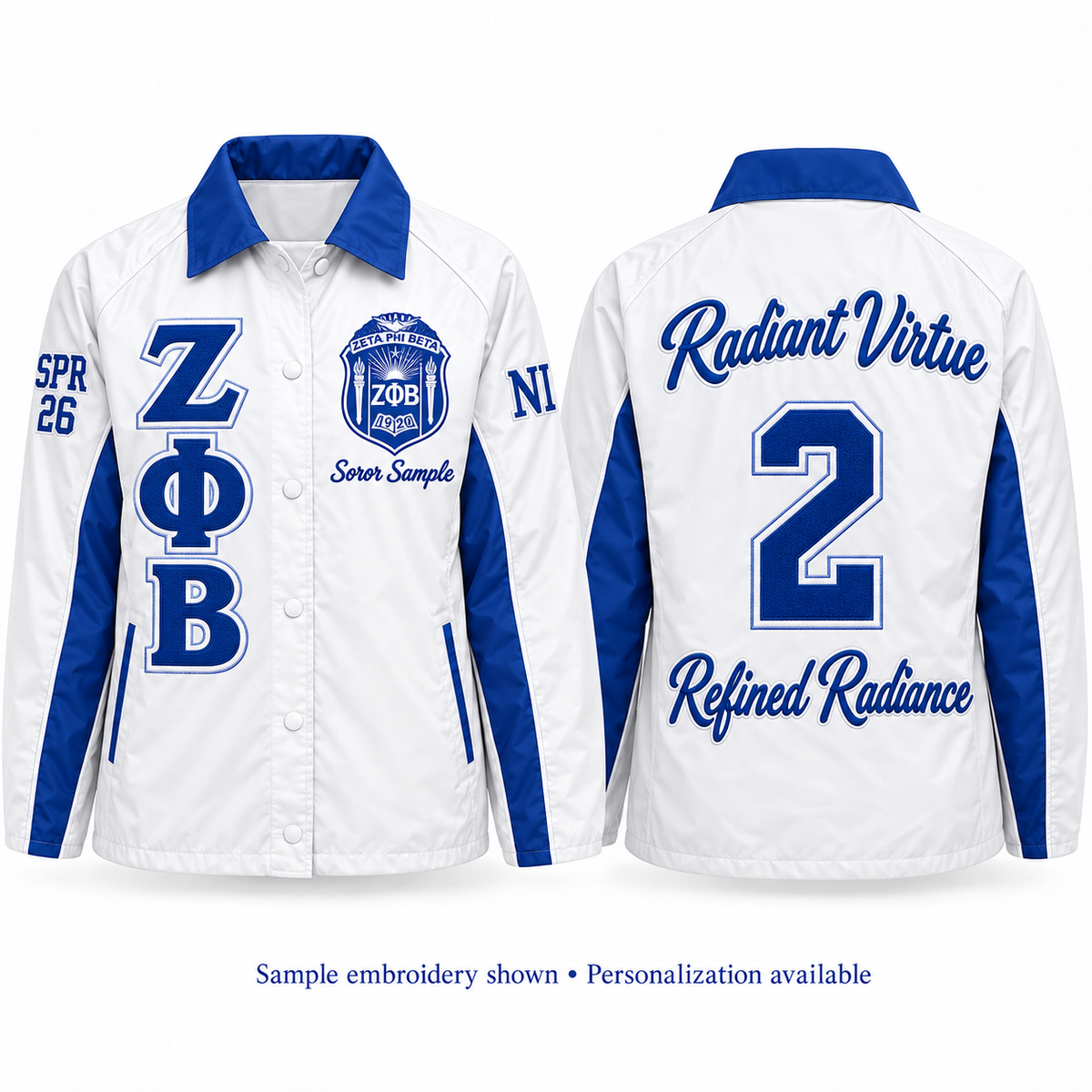 Zeta Phi Beta custom embroidered white and royal blue line jacket front and back personalization example