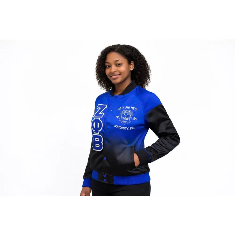 Custom Custom Zeta Phi Beta Faded Satin Bomber Jacket Blue Black Ombré Custom Sorority Jacket Personalized Greek Letter | Custom D9 personalized Greek apparel design