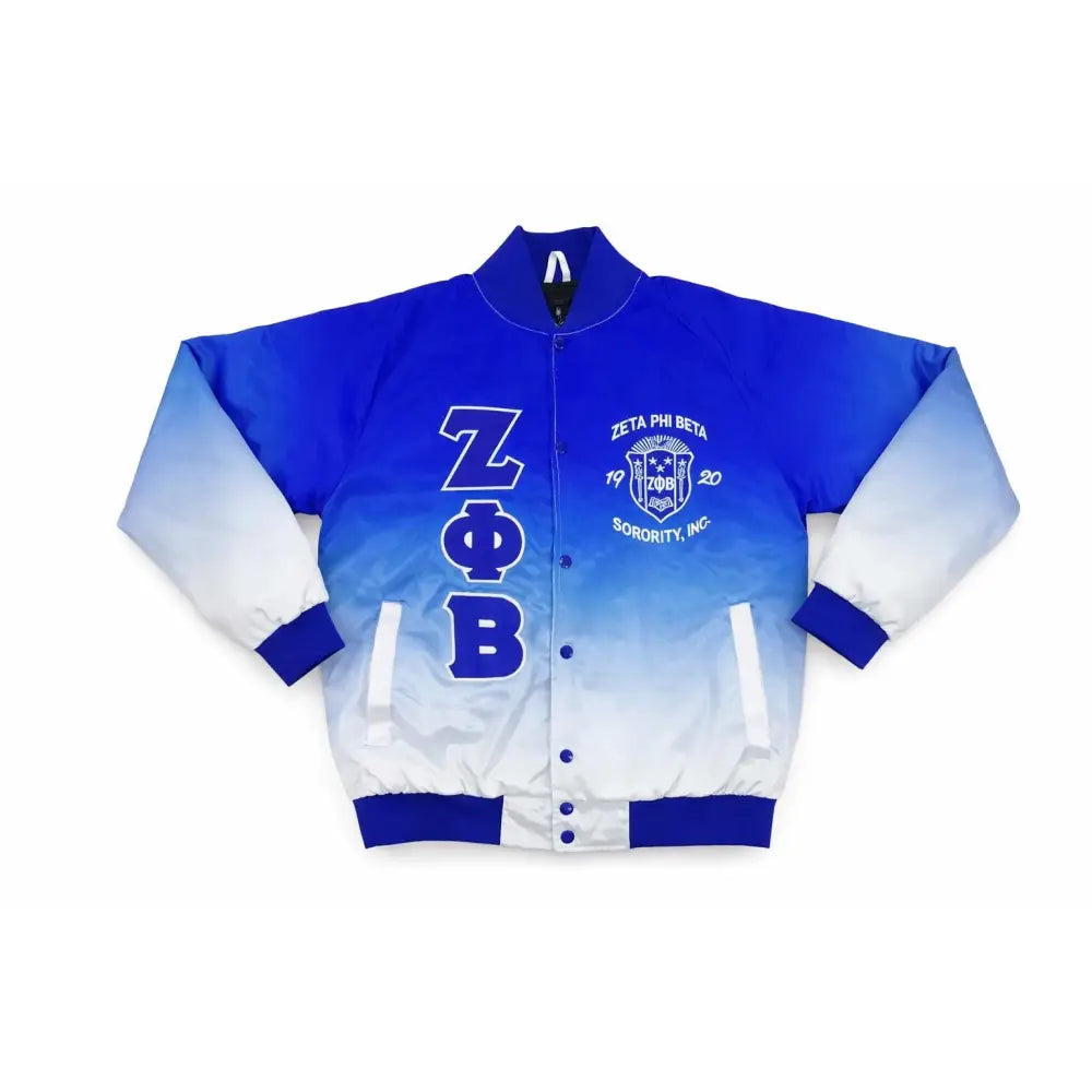 Custom Custom Zeta Phi Beta Faded Satin Bomber Jacket Blue White Ombré Custom Sorority Jacket Personalized Greek Letter | Custom D9 personalized Greek apparel design
