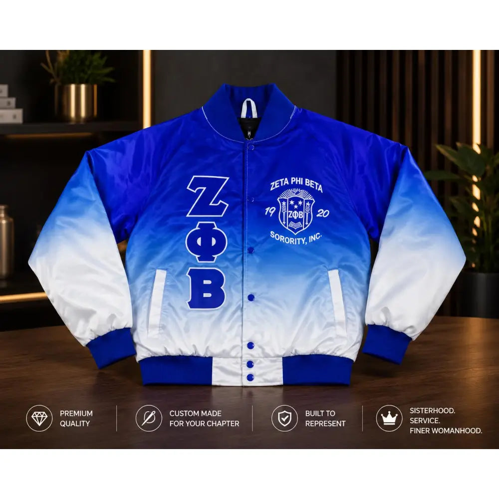 Zeta Phi Beta Faded Satin Bomber Jacket Blue White Ombré Custom Sorority Jacket Personalized Greek Letter
