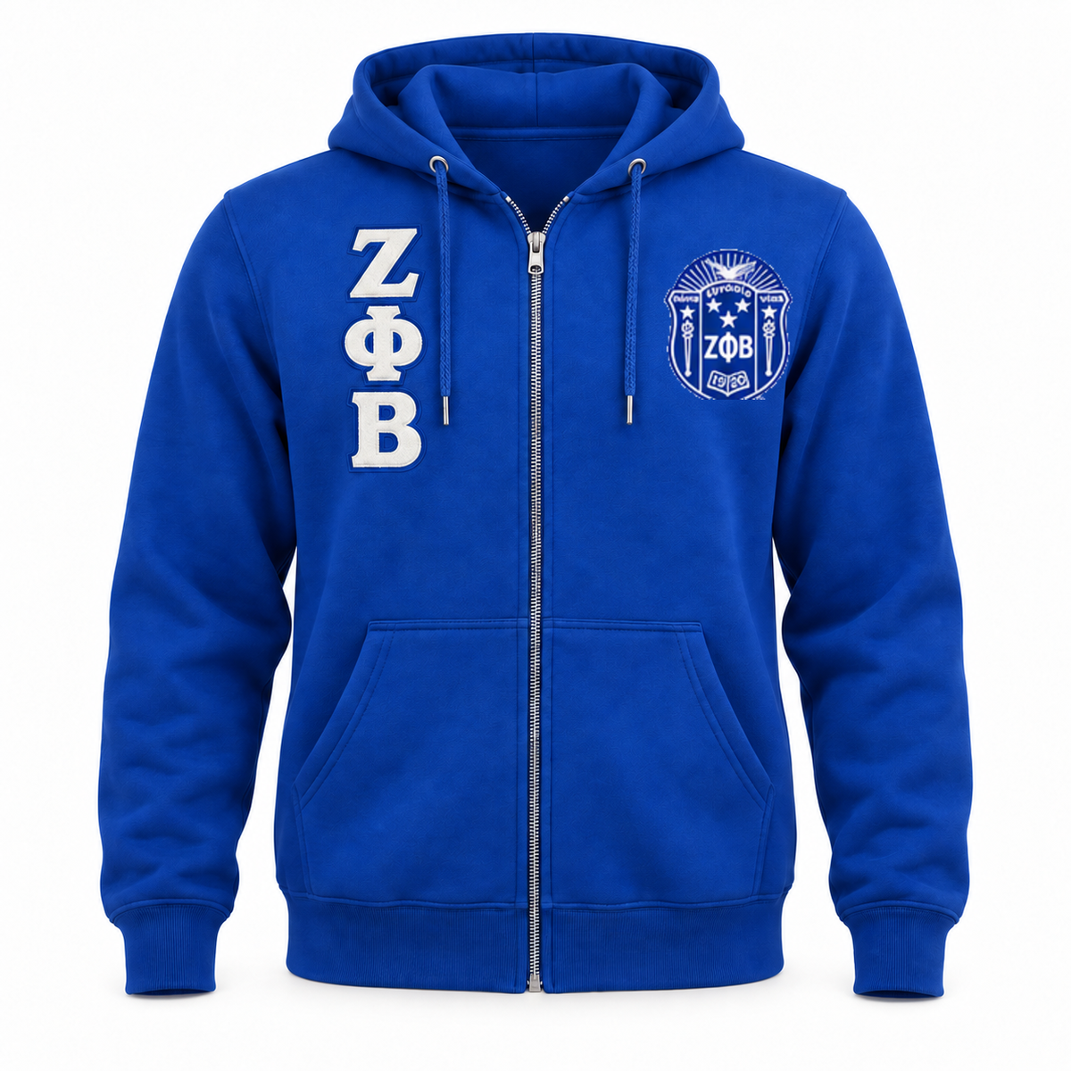 Royal blue Zeta Phi Beta full-zip hoodie with embroidered Greek letters and exact approved crest