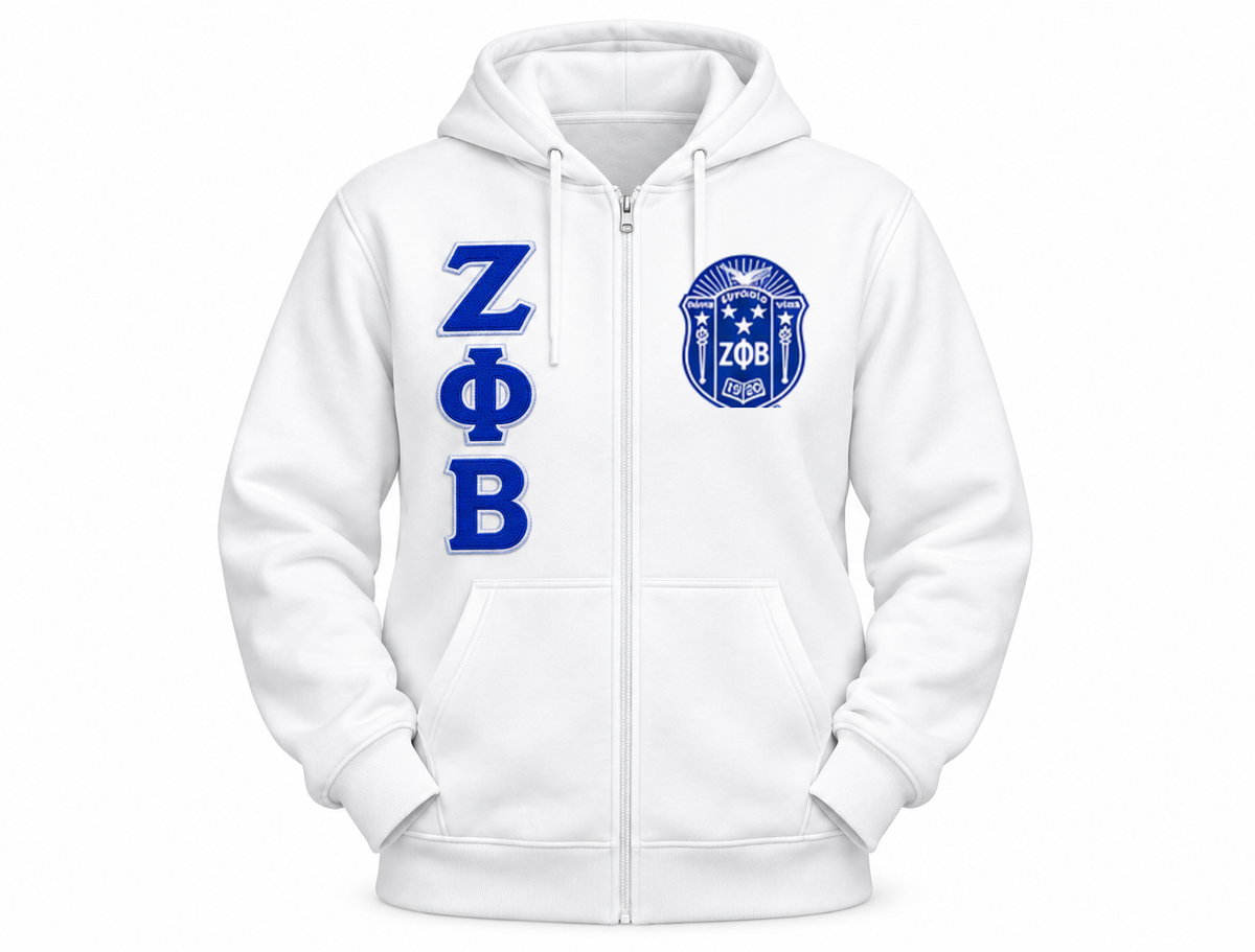 White Zeta Phi Beta full-zip hoodie with royal blue Greek letters and exact approved crest