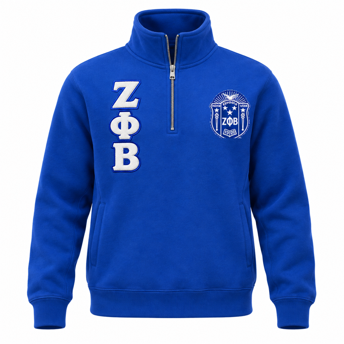 Royal blue Zeta Phi Beta half-zip funnel-neck sweatshirt with embroidered Greek letters and exact approved crest