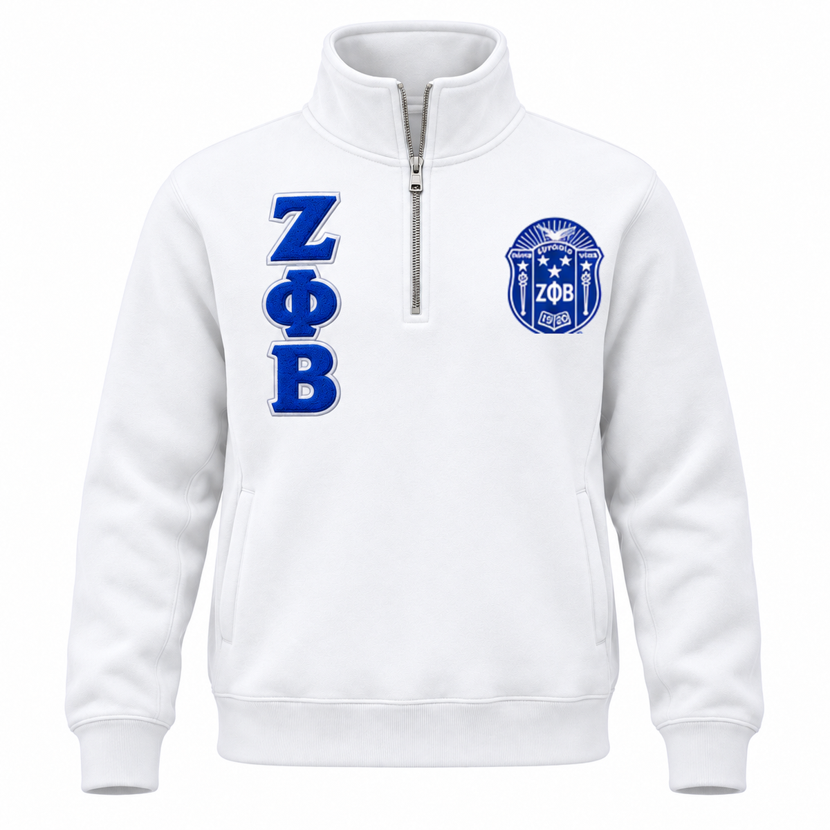 White Zeta Phi Beta half-zip funnel-neck sweatshirt with royal blue Greek letters and exact approved crest