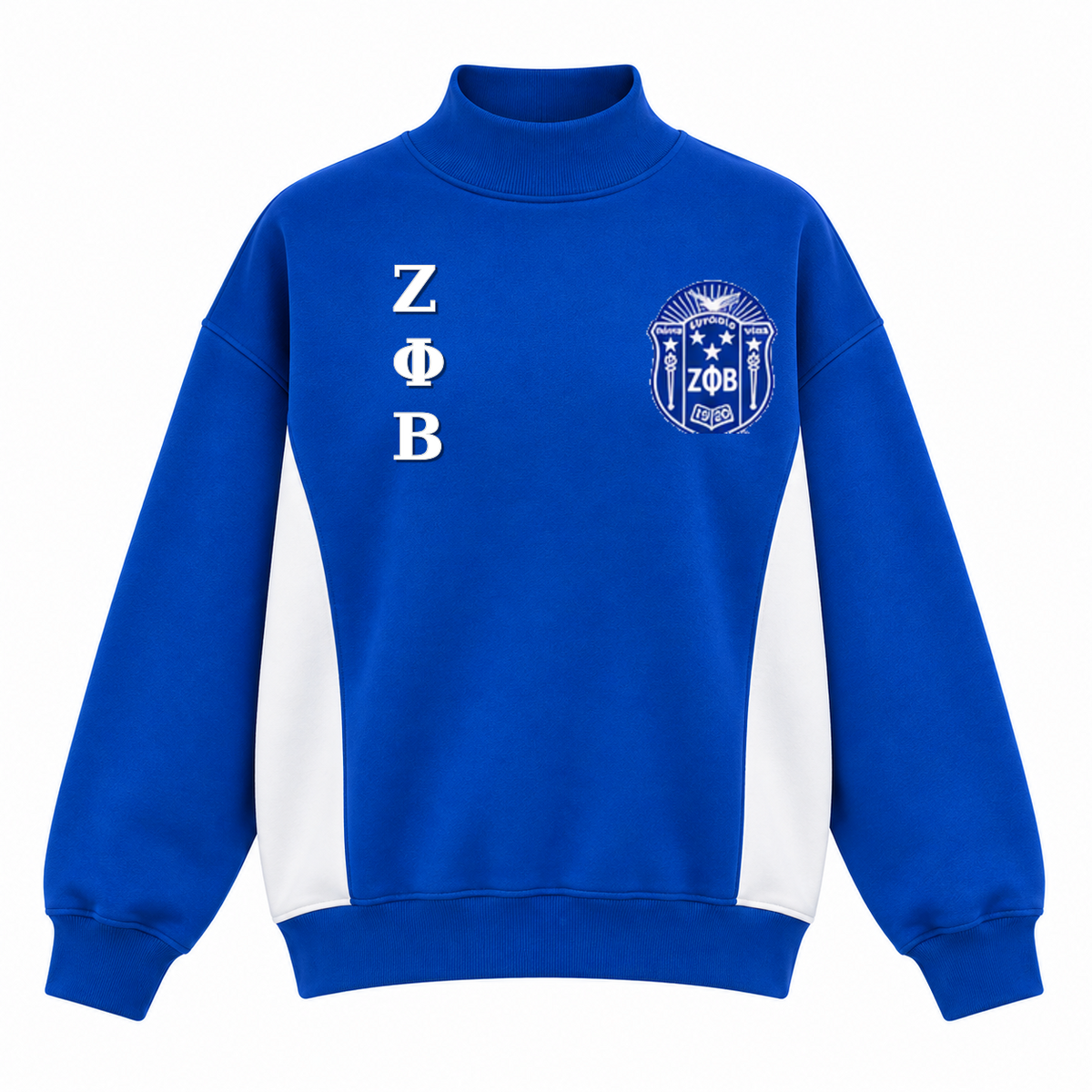 Zeta Phi Beta oversized mock-neck sweatshirt in royal blue and white with exact crest and stacked Greek letters
