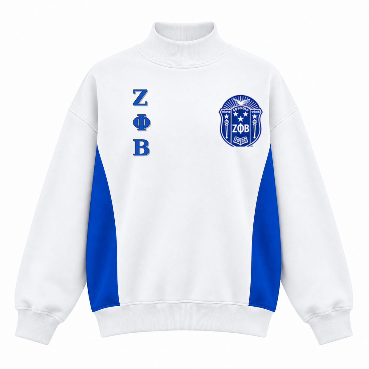 Zeta Phi Beta oversized mock-neck sweatshirt in white and royal blue with exact crest and stacked Greek letters