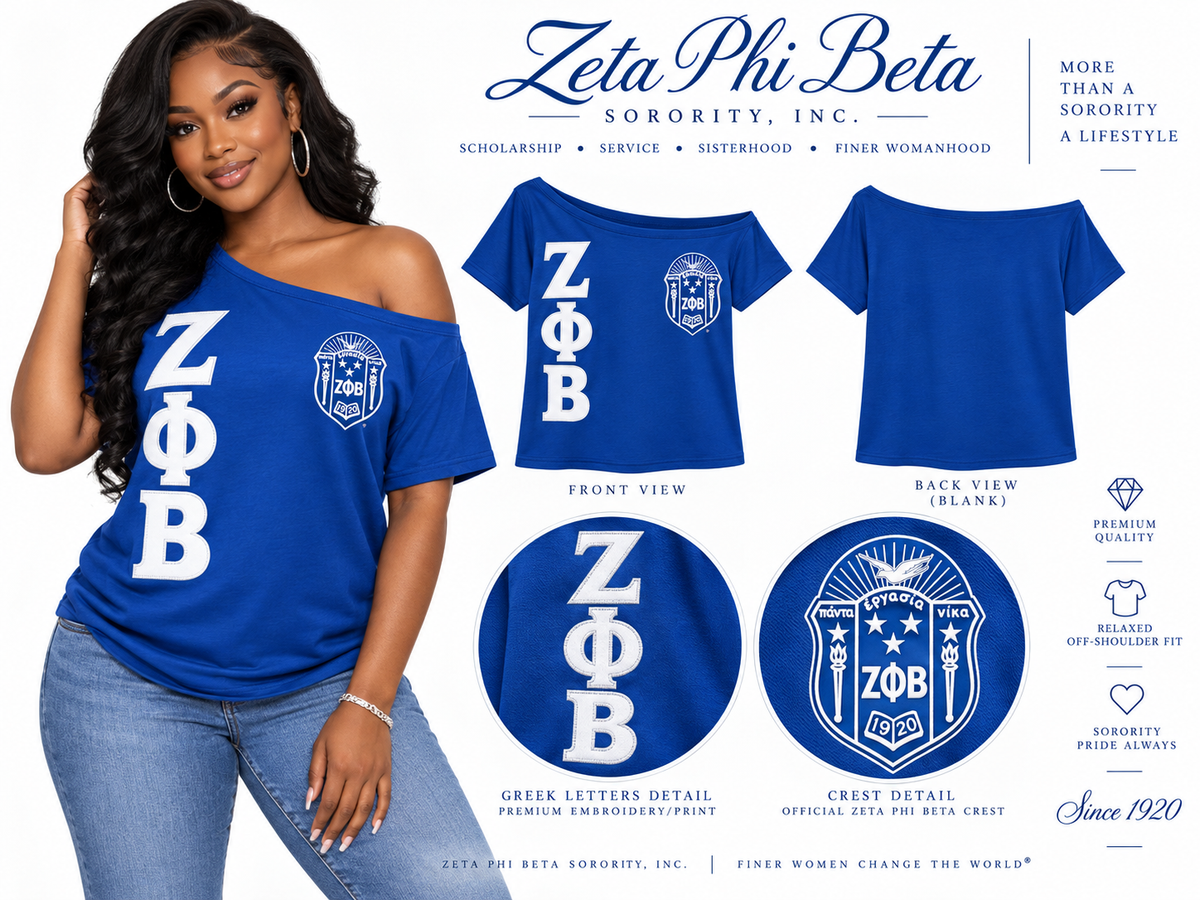Zeta Phi Beta women's off-shoulder embroidered tee royal blue and white