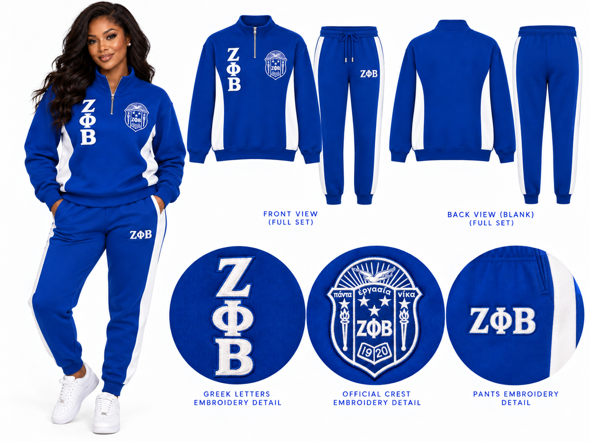Zeta Phi Beta premium embroidered track suit royal blue and white