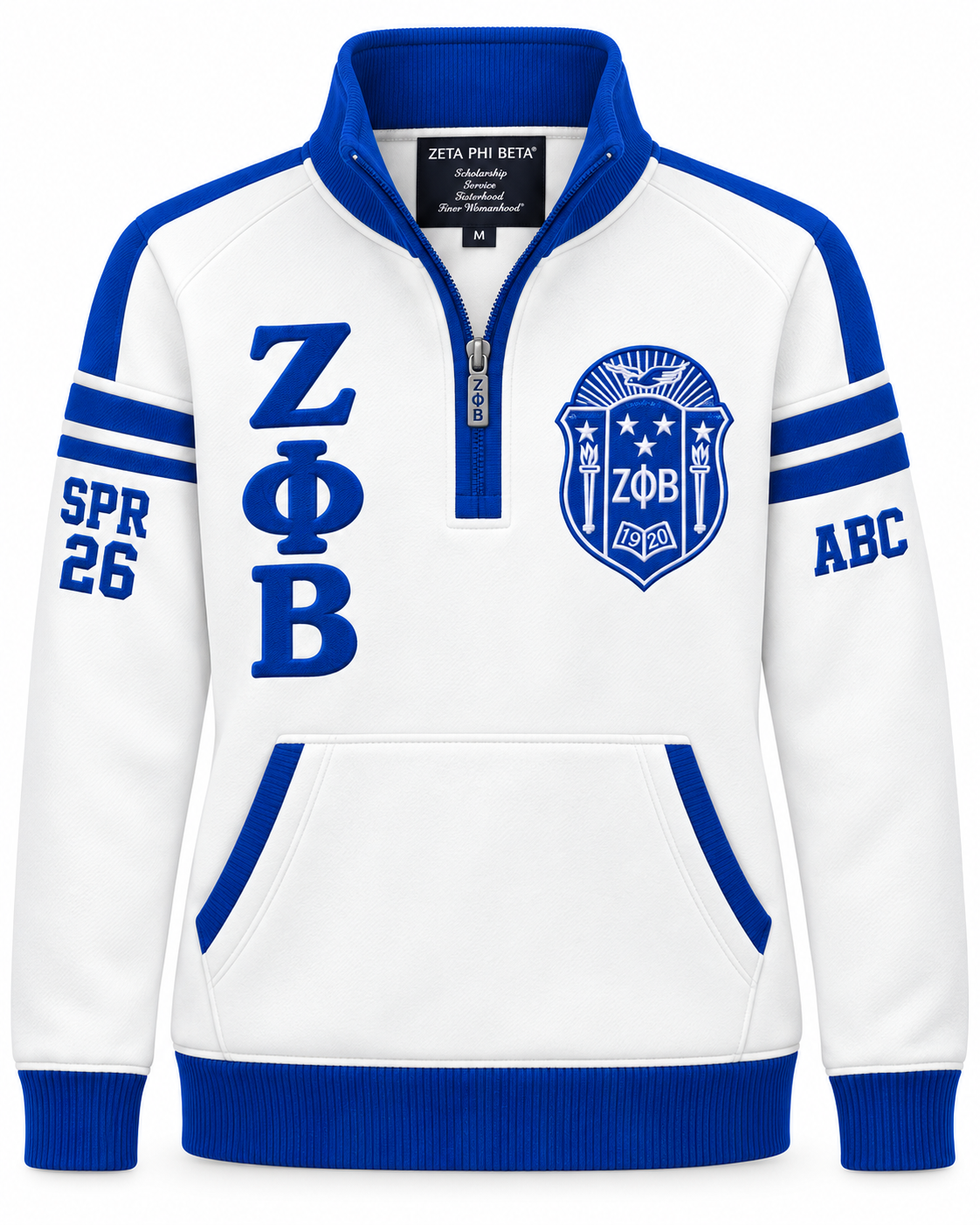 Zeta Phi Beta Custom Embroidered Quarter-Zip Pullover | White & Royal Blue — large front view, customization example