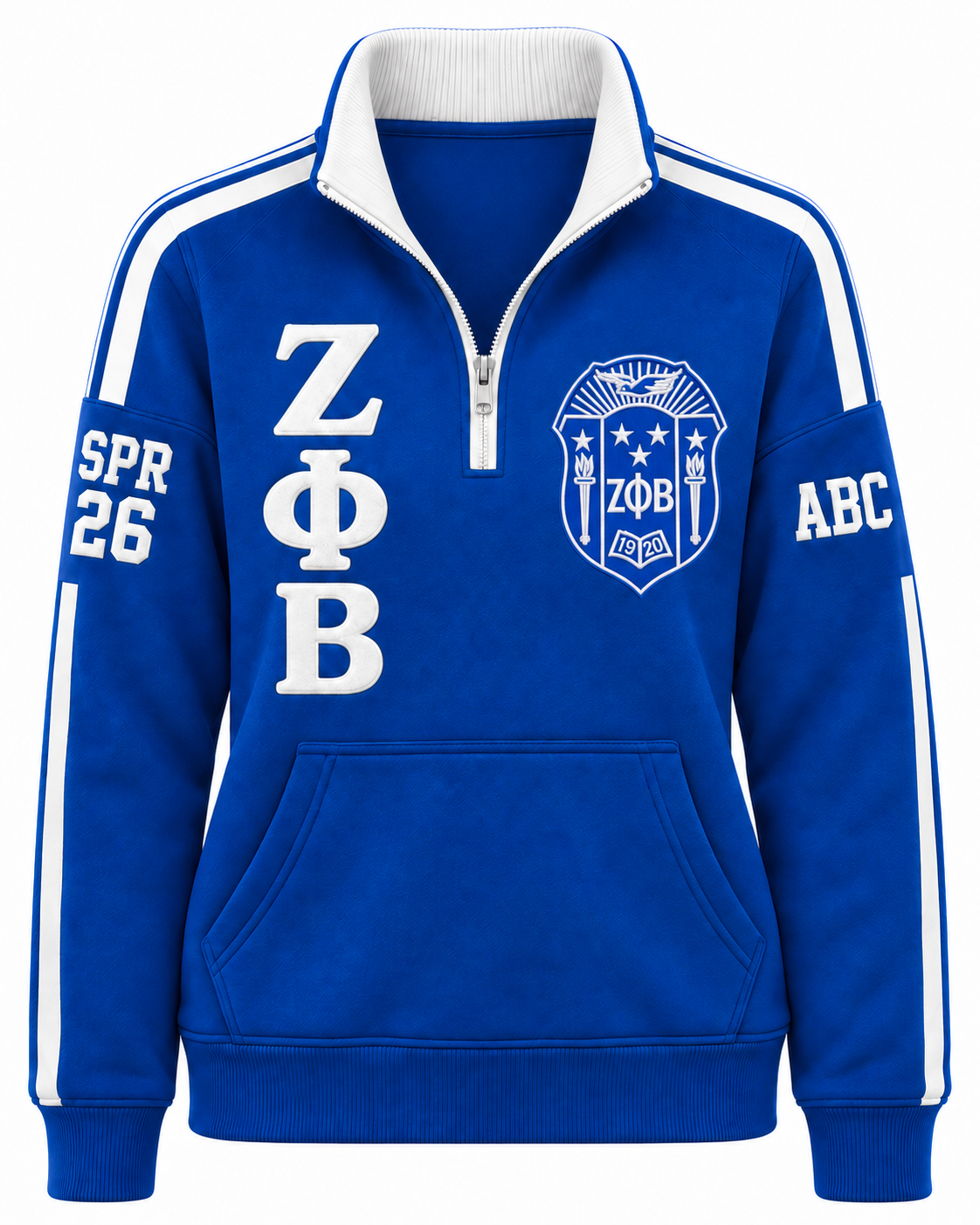 Zeta Phi Beta Custom Embroidered Quarter-Zip Pullover | Royal Blue & White — large front view, customization example