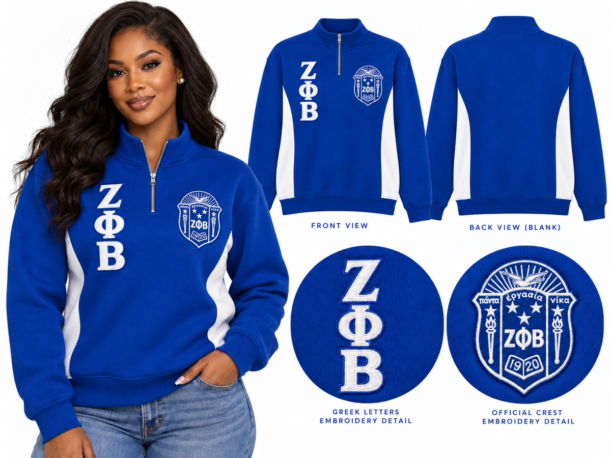 Zeta Phi Beta embroidered quarter zip pullover royal blue and white