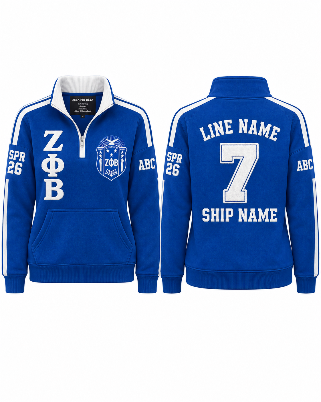 Zeta Phi Beta royal blue and white custom embroidered quarter zip pullover