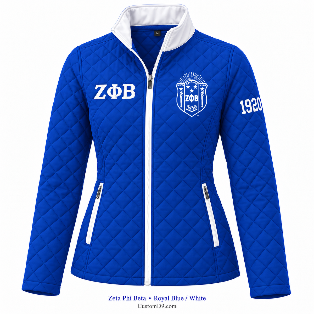 Zeta Phi Beta quilted jacket in Royal Blue and White; crest, Greek letters and sleeve year customization example