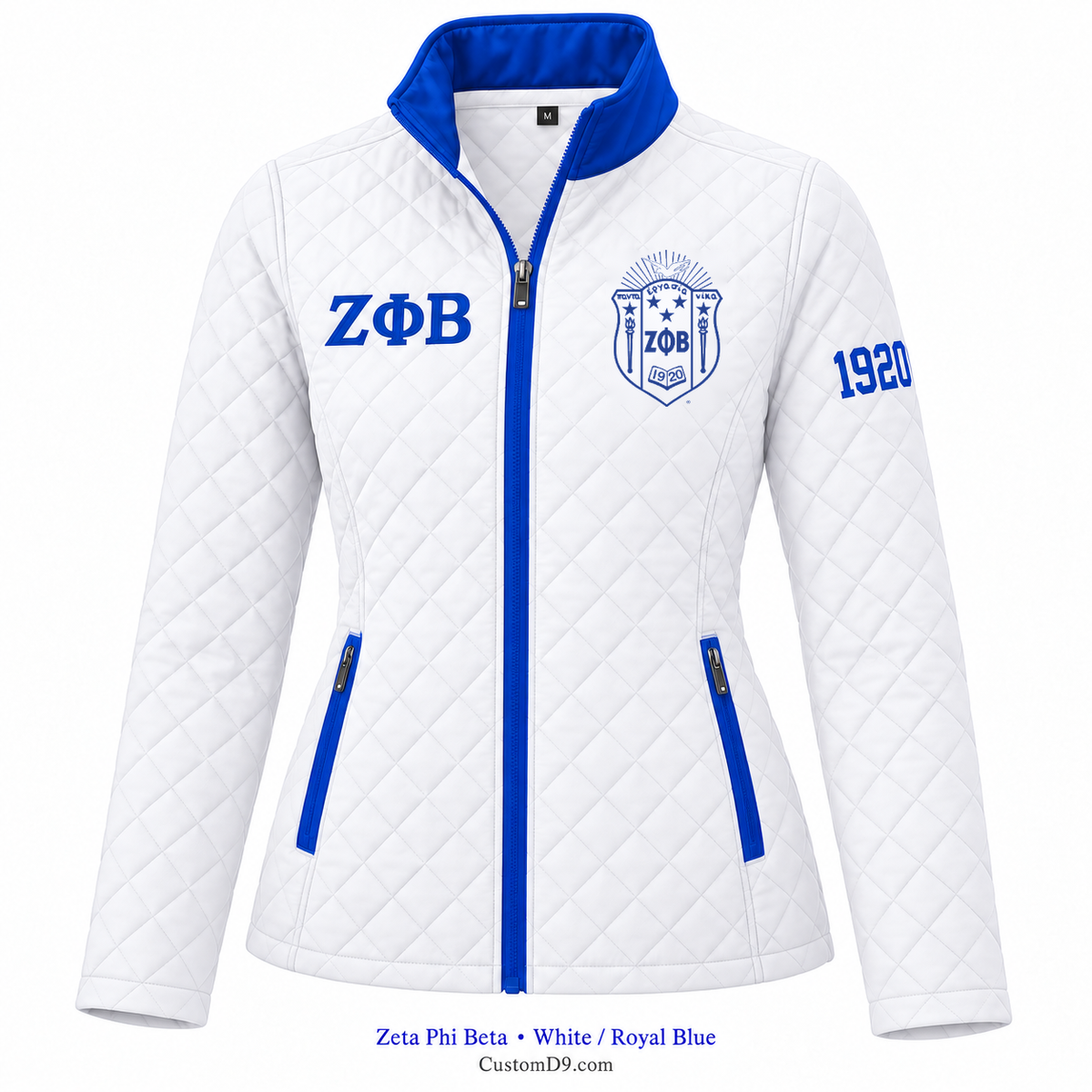 Zeta Phi Beta quilted jacket in White and Royal Blue; original crest, ΖΦΒ and 1920 sleeve customization example