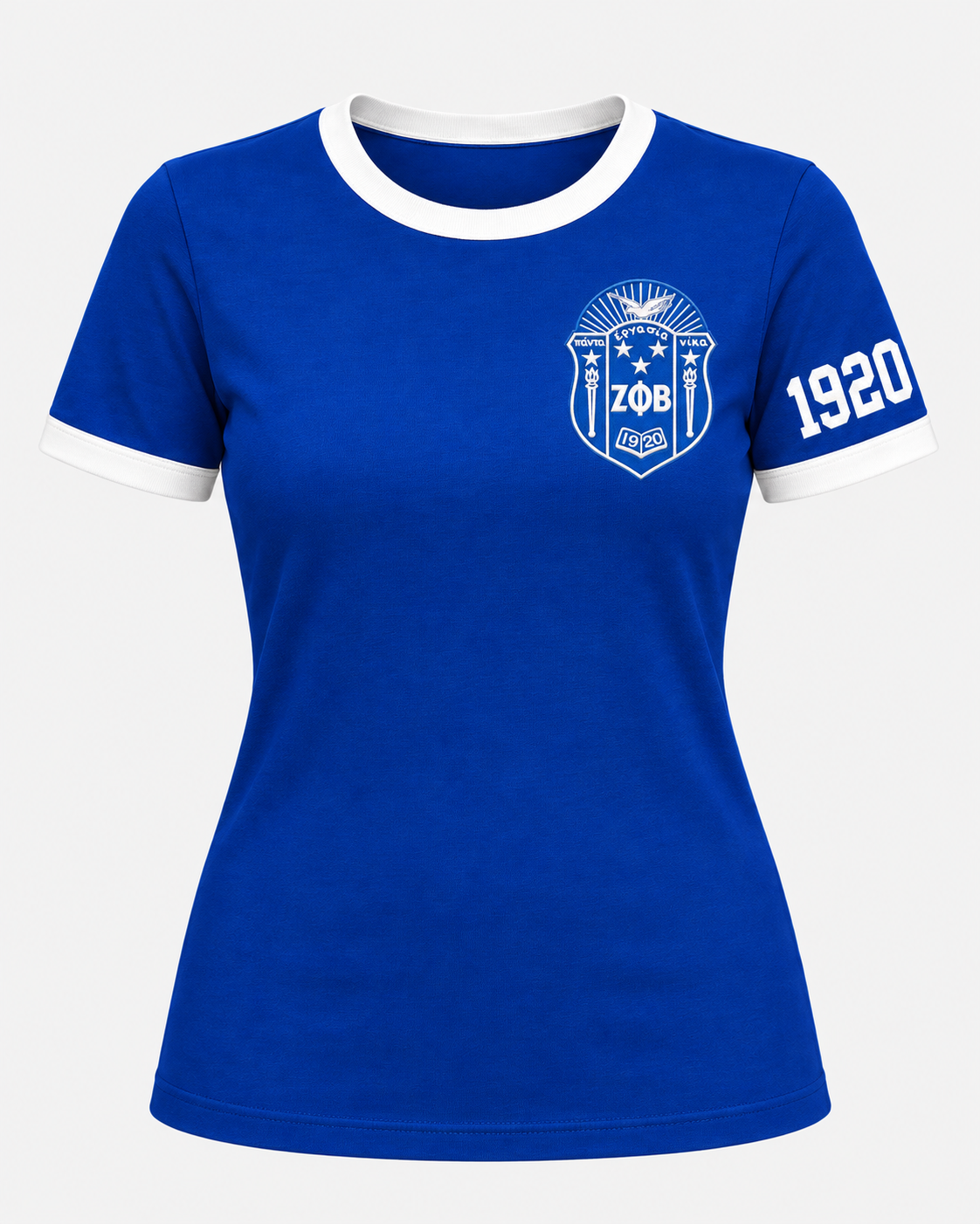Royal blue Zeta Phi Beta ringer T-shirt with white trim, standard-size crest on left chest and 1920 on the crest-side sleeve