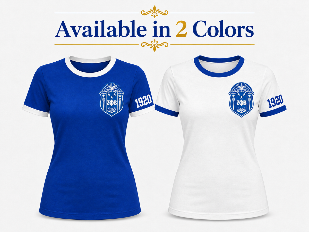 Zeta Phi Beta ringer T-shirts in royal blue with white trim and white with royal blue trim, standard-size crest on left chest and 1920 on the crest-side sleeve