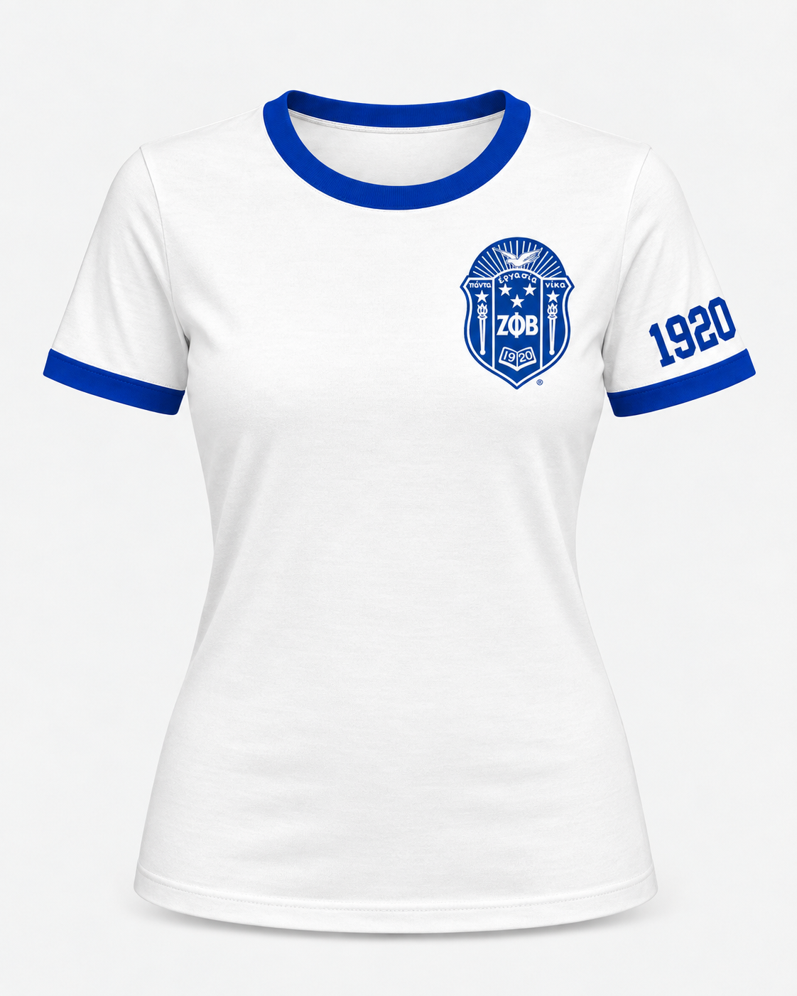 White Zeta Phi Beta ringer T-shirt with royal blue trim, standard-size crest on left chest and 1920 on the crest-side sleeve