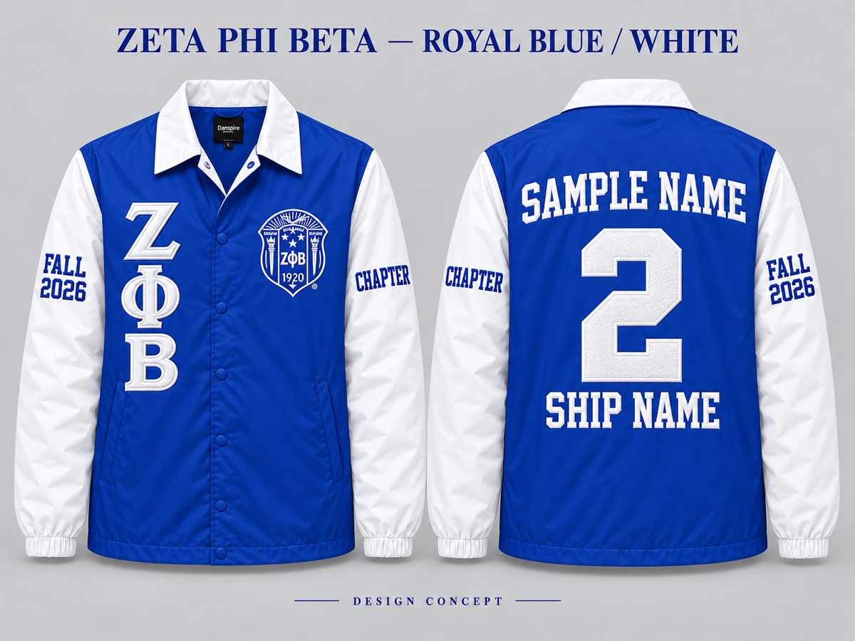 Zeta Phi Beta Royal Blue body with White collar and sleeves contrast line jacket, front and back sample embroidery