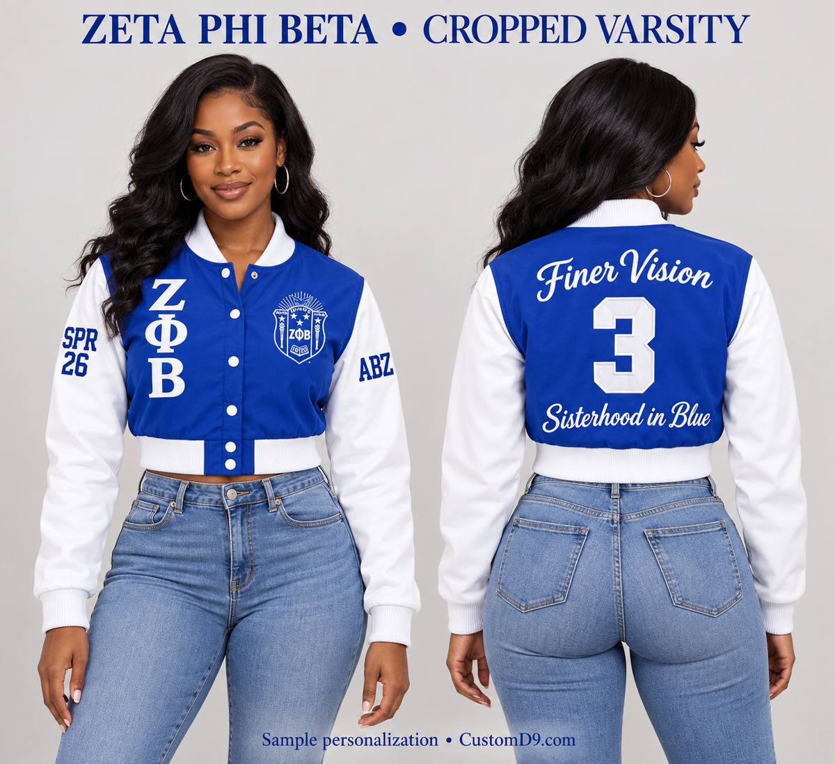 Zeta Phi Beta cropped satin varsity jacket with Royal Blue body and White sleeves, model front and back showing optional personalization