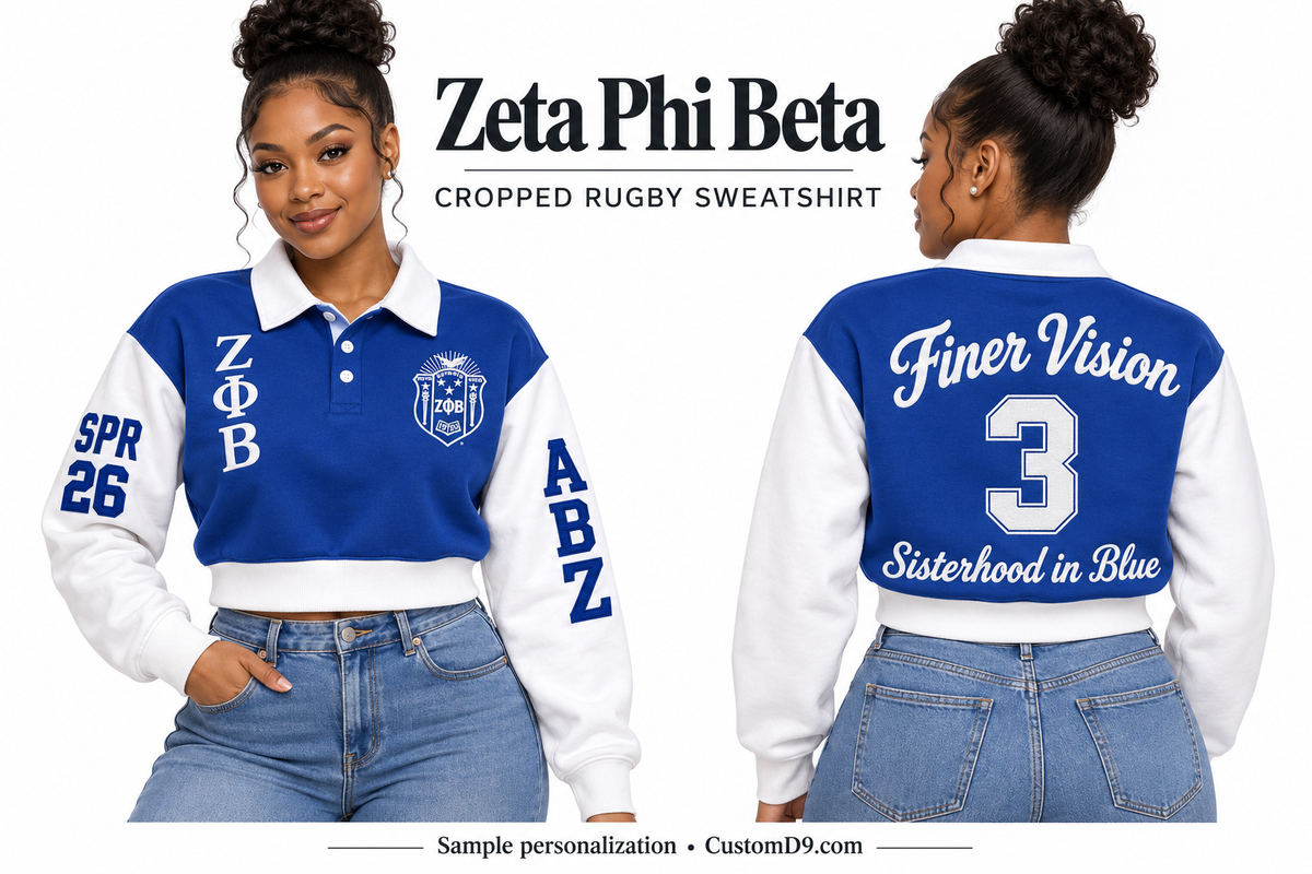 Zeta Phi Beta Royal Blue & White Cropped Rugby Sweatshirt, front and back model views with optional crest, Greek letters and sample sleeve and back personalization