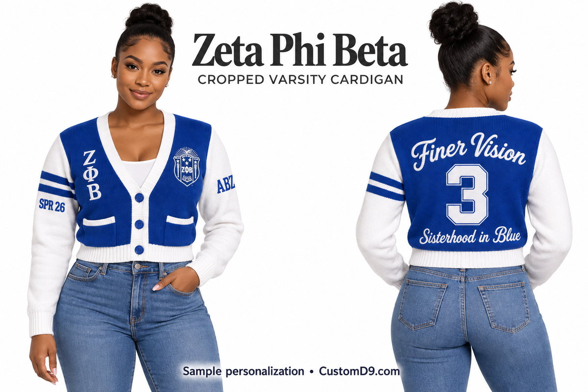 Zeta Phi Beta royal blue & white Cropped Varsity Cardigan on model, front and back showing optional crest, Greek letters and sample personalization