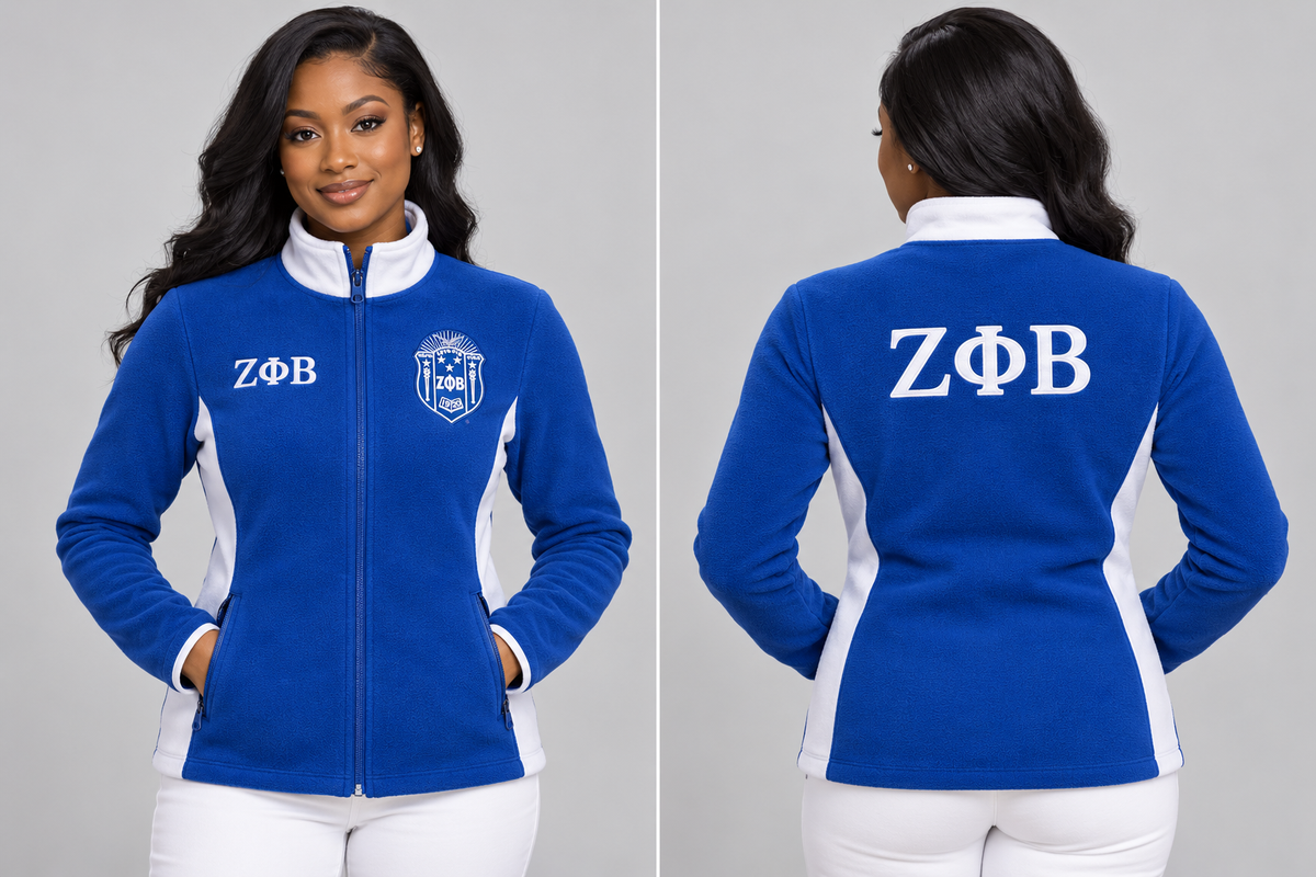 Zeta Phi Beta fitted royal blue and white polar fleece jacket on model, front and back with embroidered crest and Greek letters