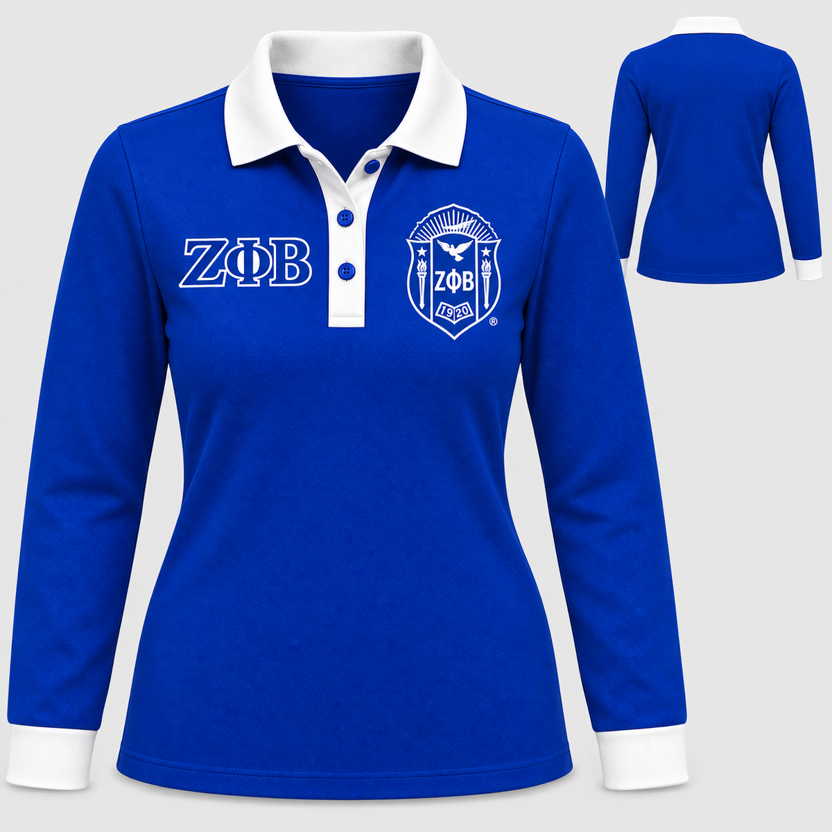 Zeta Phi Beta royal blue body white collar placket and cuffs long sleeve contrast polo front and back