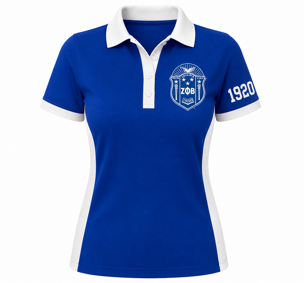Zeta Phi Beta royal blue and white panel polo shirt with embroidered crest and 1920 sleeve