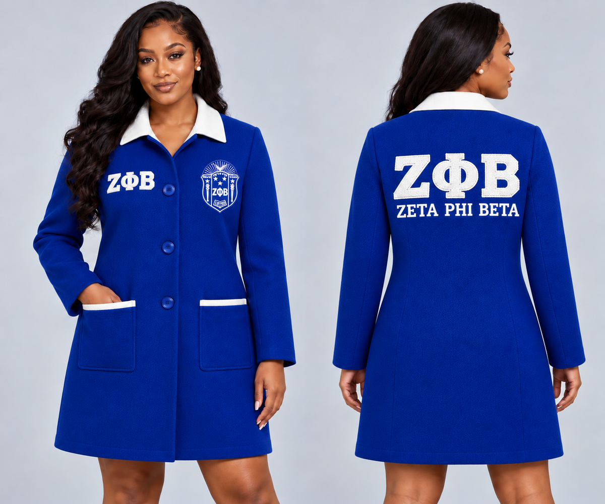 Black woman modeling Zeta Phi Beta royal blue and white fitted premium wool blend coat with chenille Greek letters and embroidered crest, front and back views.