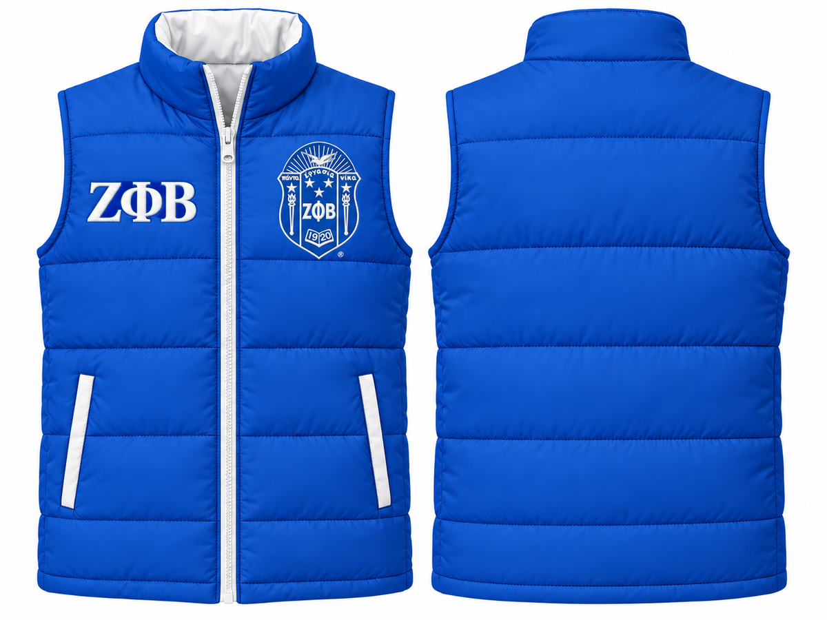 Zeta Phi Beta royal blue and white custom embroidered puffer vest front and back