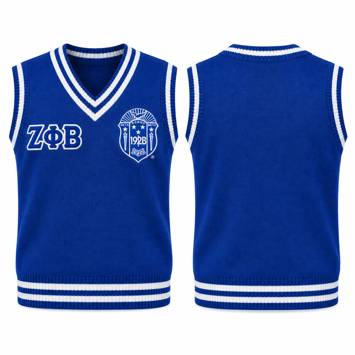 Zeta Phi Beta royal blue and white varsity sweater vest front and back