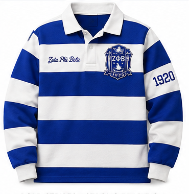 Zeta Phi Beta royal blue and white embroidered rugby shirt