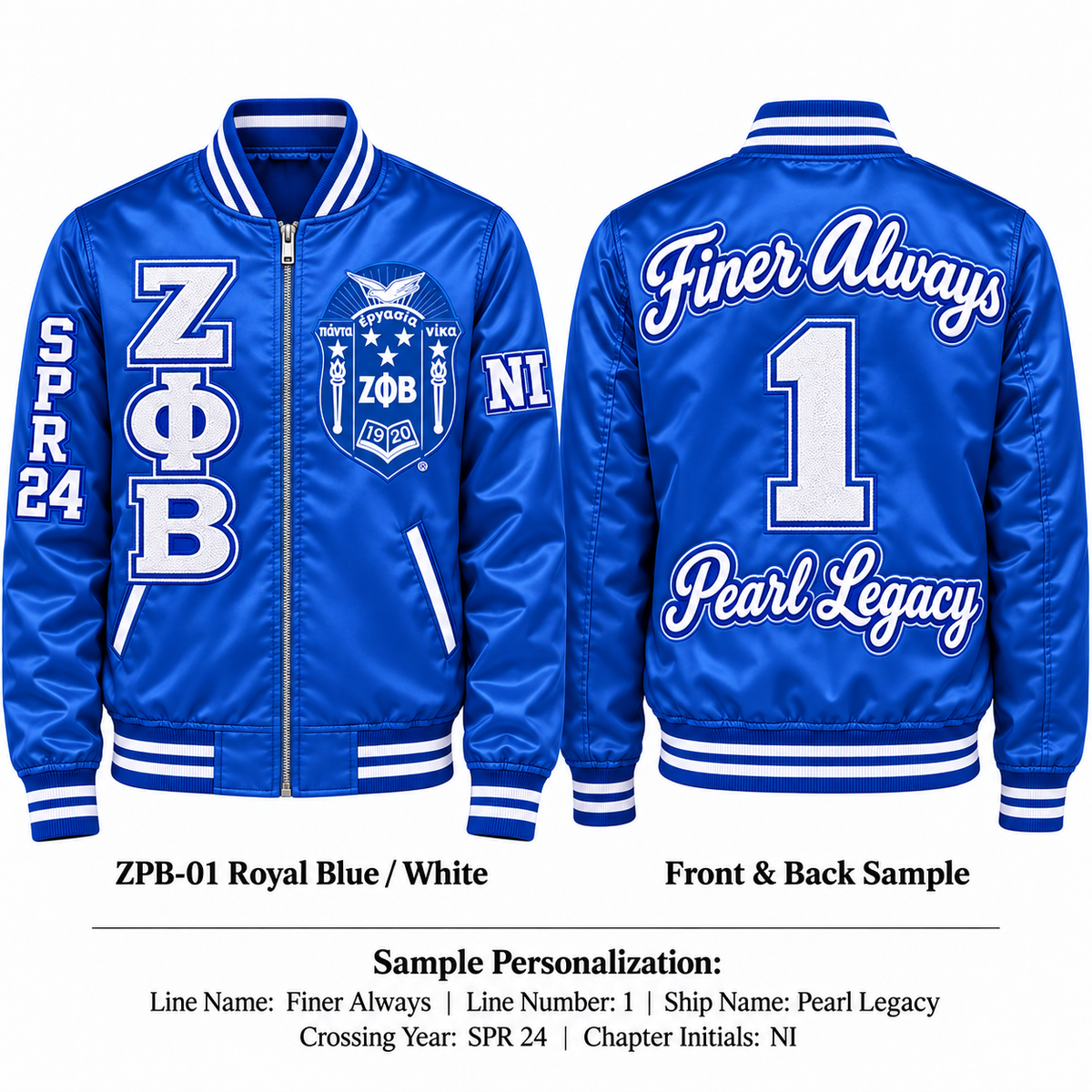 Zeta Phi Beta custom embroidered satin bomber jacket royal blue and white front and back personalization sample
