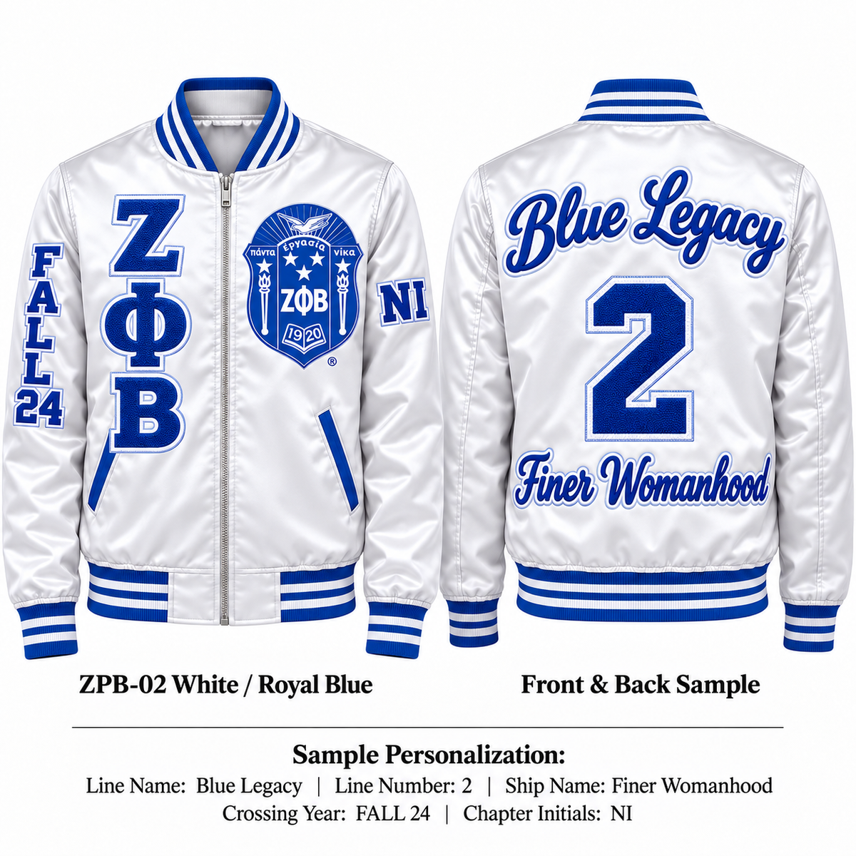 Zeta Phi Beta custom embroidered satin bomber jacket white and royal blue front and back personalization sample