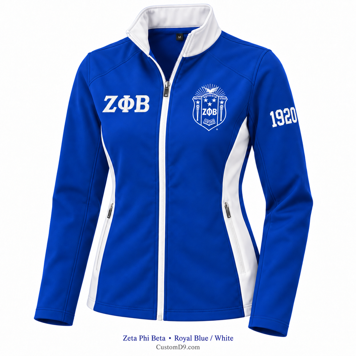 Zeta Phi Beta Custom Softshell Jacket – Royal Blue / White; customized crest, Greek letters and founding year example
