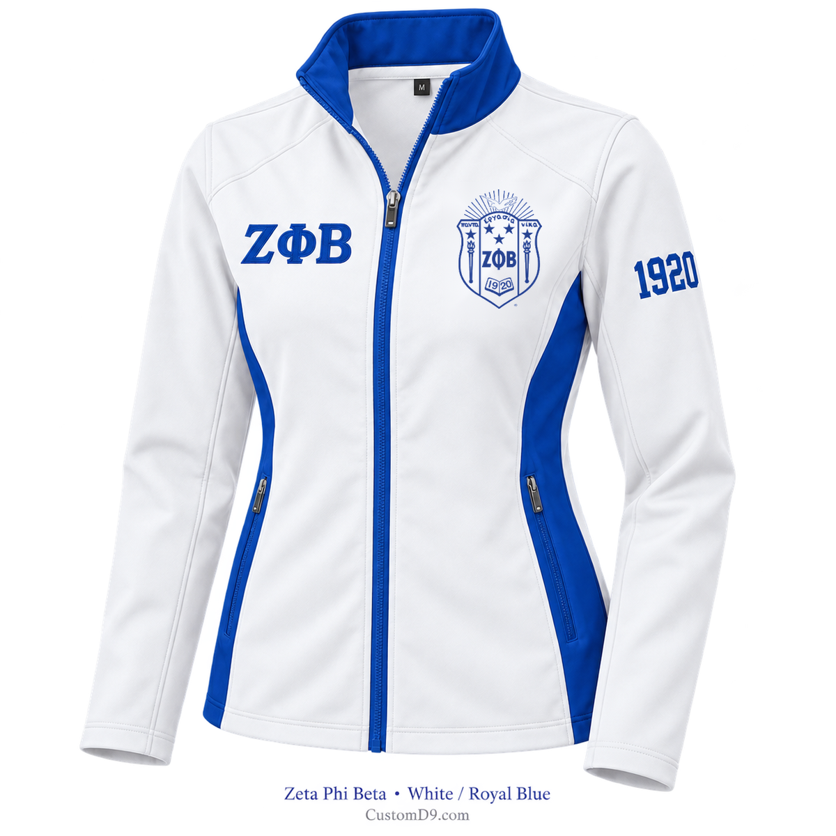 Zeta Phi Beta Custom Softshell Jacket – White / Royal Blue; original crest artwork, Greek letters and founding year customization example