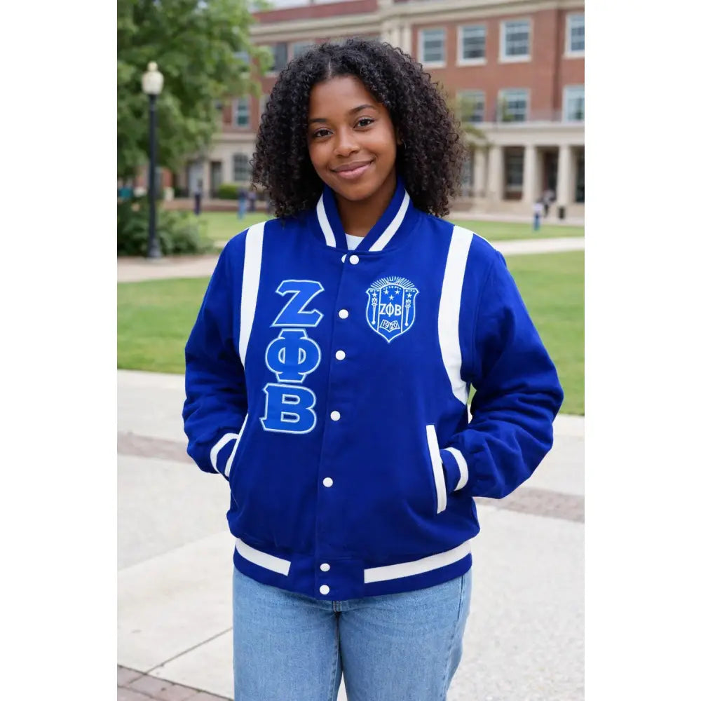 Custom Custom Zeta Phi Beta Varsity Wool Jacket Sorority Letterman Jacket Blue & White | Custom D9 personalized Greek apparel design