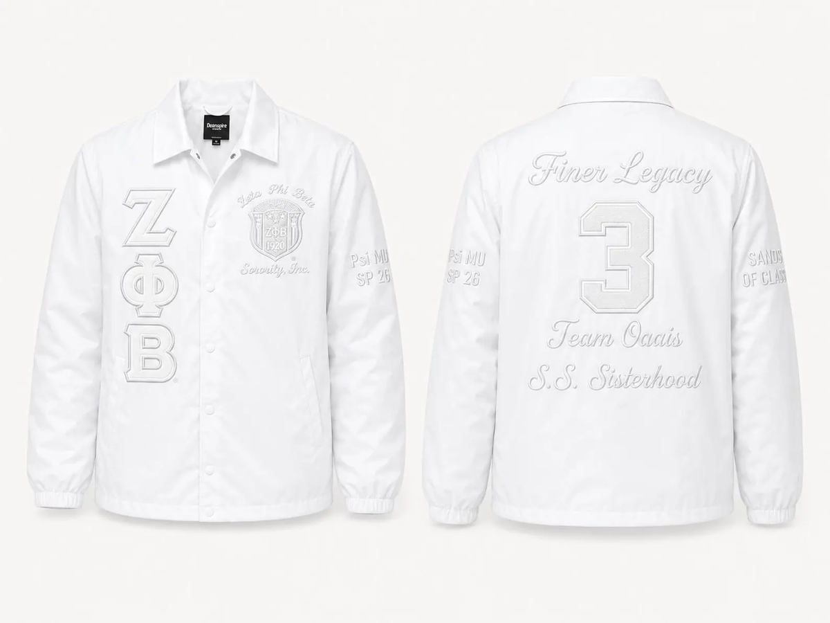 Zeta Phi Beta white-out line jacket front and back with tonal white embroidery and sample personalized names, number and sleeves