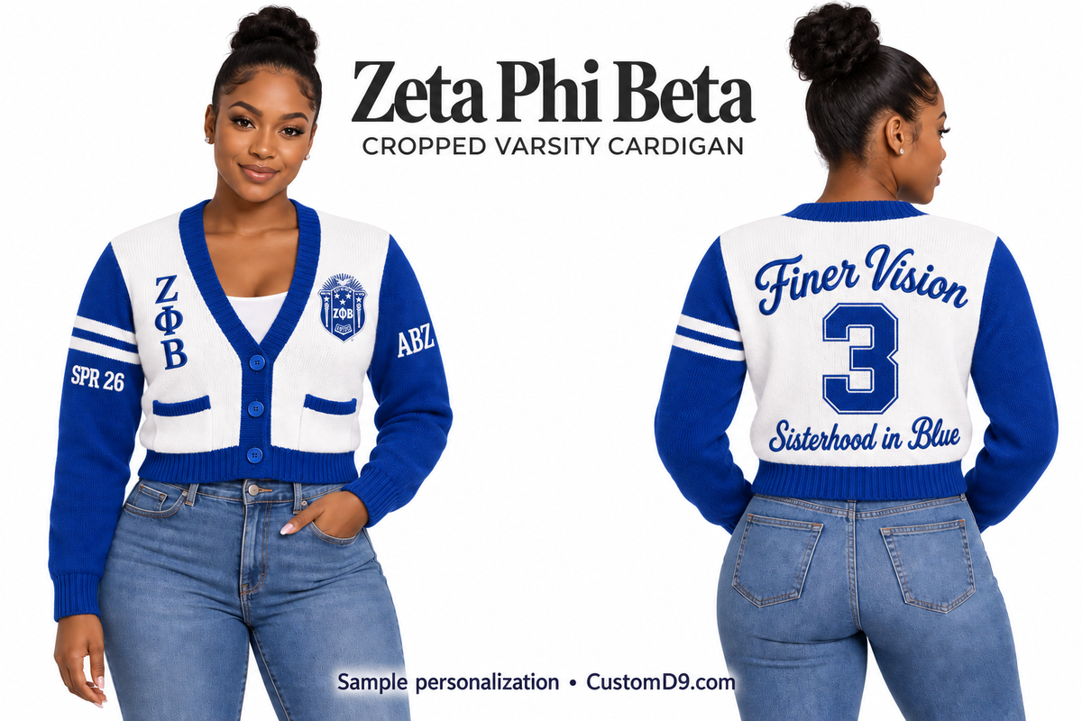 Zeta Phi Beta white & royal blue Cropped Varsity Cardigan on model, front and back showing optional crest, Greek letters and sample personalization