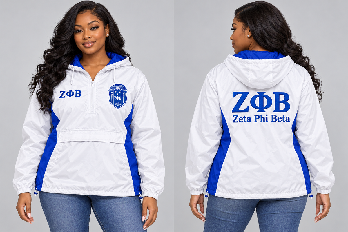 Black woman modeling Zeta Phi Beta white and royal blue custom embroidered hooded anorak windbreaker jacket, front and back views.