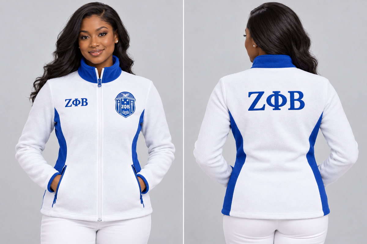 Zeta Phi Beta fitted White and Royal Blue polar fleece jacket on woman model, front and back