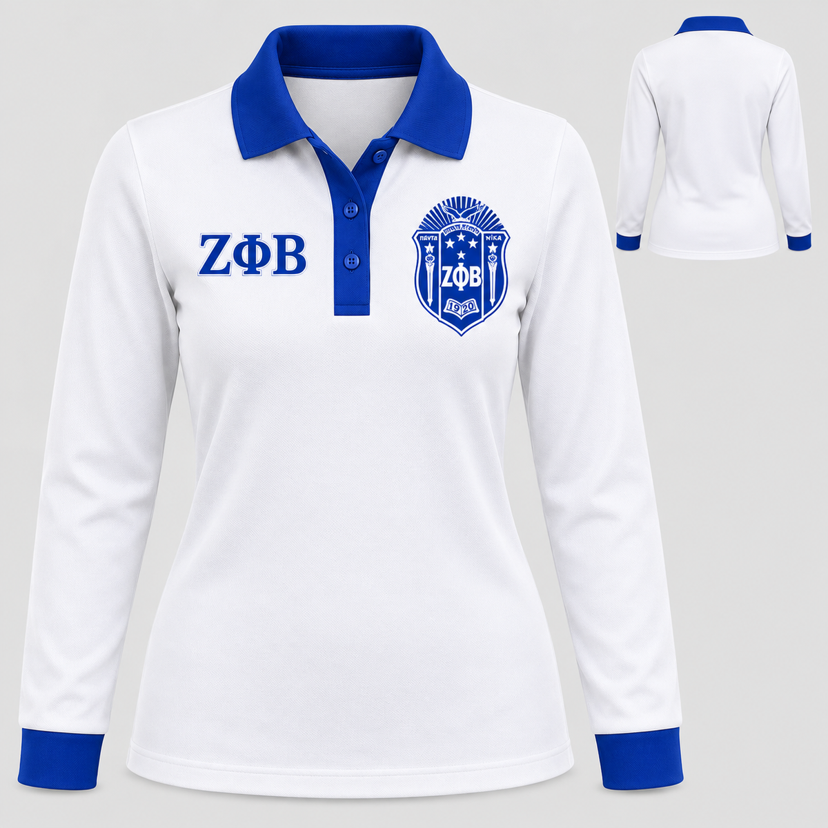 Zeta Phi Beta white body royal blue collar placket and cuffs long sleeve contrast polo front and back
