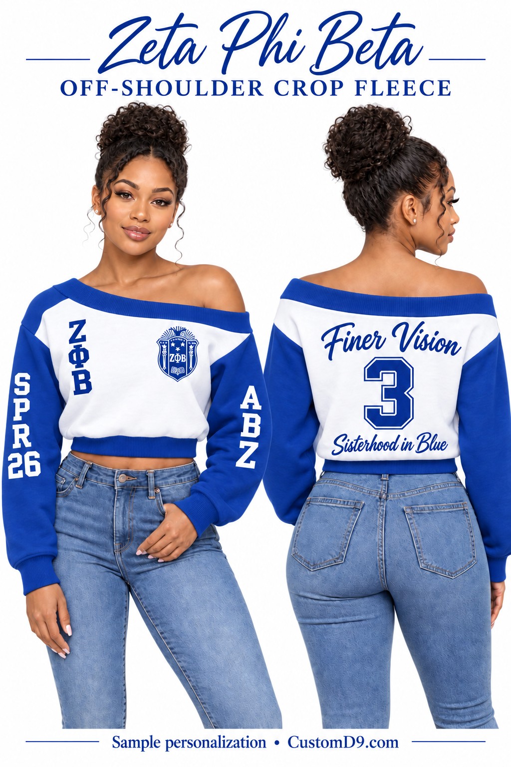 Zeta Phi Beta White & Royal Blue Off-Shoulder Cropped Sweatshirt, front and back model views of optional crest, letters and personalized embroidery